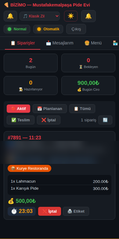 BİZİMO İşletme Paneli — canlı sipariş takibi ekranı